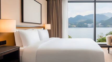 Tranquil Luxury Hotel Room Overlooking Serene Scenic Mountain Landscape for Relaxed Travel Comfort