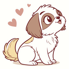Adorable Cartoon Shih Tzu Puppy Sitting with Hearts, Sweet Expression, Brown and White