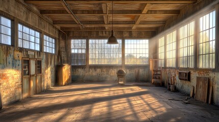 Sunlit empty industrial space interior