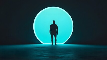 Obraz premium Silhouetted Figure Entering Glowing Portal, Symbolizing Mystery and