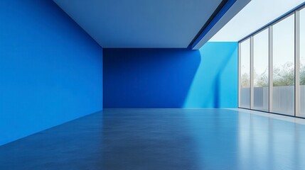 Empty modern room with blue walls and large window.