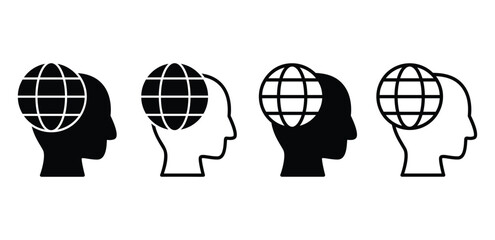 Fototapeta premium Global Thinking Concept Black and White Icon of Human Heads with World Globe Vector Design