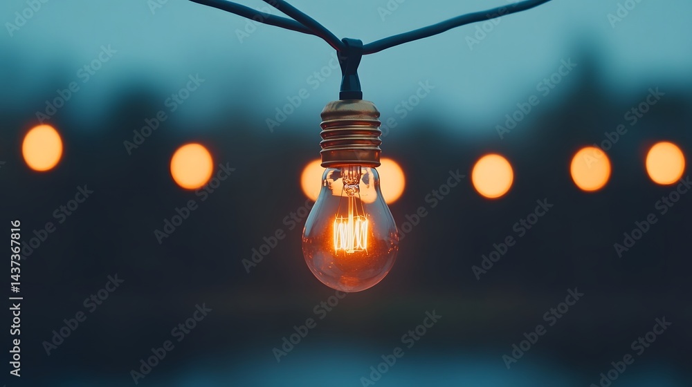 Poster glowing light bulb connected to power line representing idea and creativity