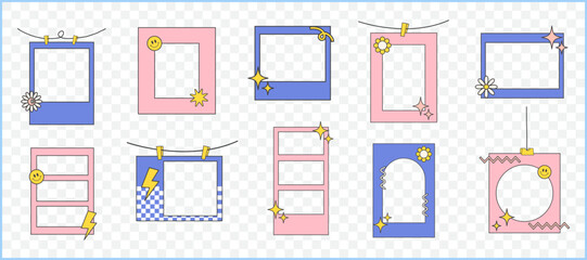 Retro cute pink purple polaroid photo frames background vector set collection. Doodle frame polaroid border element vector illustration