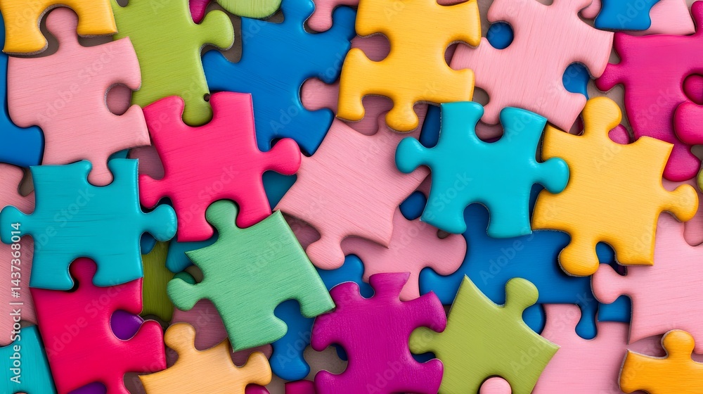 Poster wooden puzzle pieces assembling for problem-solving and teamwork