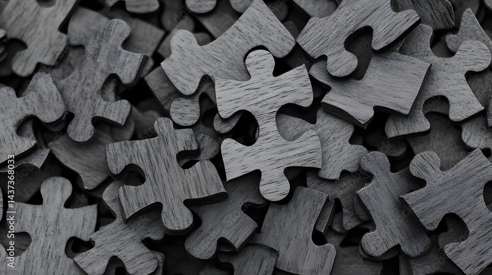 Poster wooden puzzle pieces assembling for teamwork and problem-solving