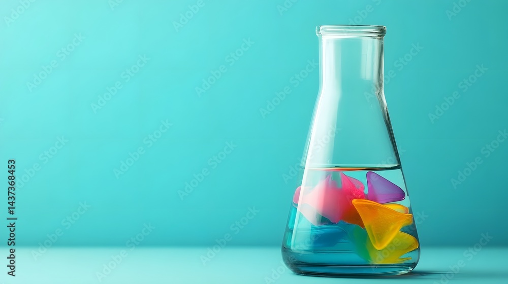 Poster transparent flask with colorful floating objects representing science and creativity