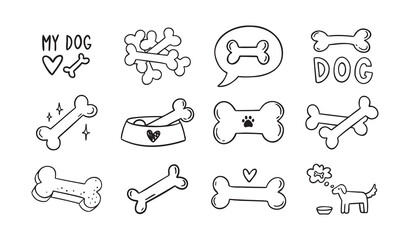Hand drawn doodle bone for dogs set. Outline isolated drawing bones on white background. Line bone icons. 