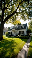 White house with large tree, sunny suburban neighborhood. Possible use Stock photo for real estate, home improvement, or lifestyle