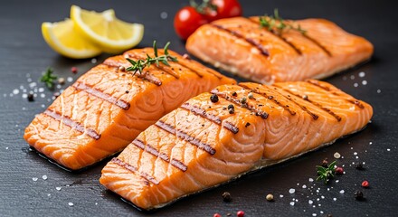 Grilled Salmon Fillets with Lemon and Herbs on Dark Background