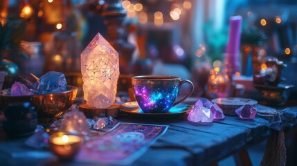 A mystical setting decorated with glowing crystals and a starry cup. The ambiance is enchanting and ideal for spiritual practices and meditation. Generative AI