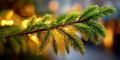 Close-up of a pine branch with warm golden light