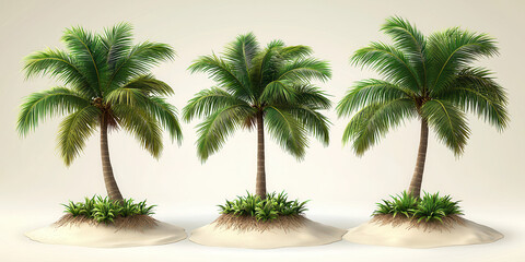 Collection lush palm trees on sandy soil, creating a tropical paradise vibe. Copy space, Isolate on white background, commercial use