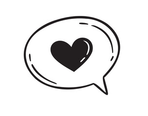Speech bubble with a heart hand drawn line doodle style. Isolated love heart message.
