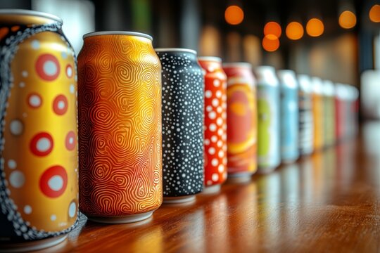 Colorful beer cans on bar, blurry background