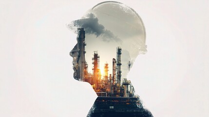Worker Silhouette with Oil and Gas Refinery Blended Background