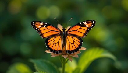 Fototapeta premium An orange and black Monarch butterfly perched on a flower, set against a blurred green background.