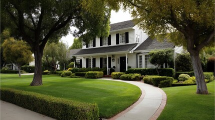 Obraz premium White house with manicured lawn and pathway, suburban neighborhood, idyllic scene, potential use as a real estate advertisement