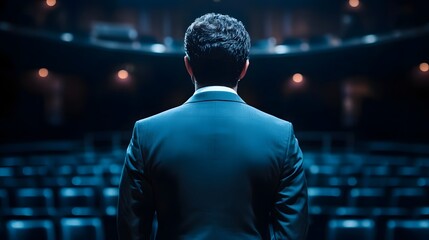 Obraz premium Businessman Delivers Engaging Presentation on Stage in Dark Theater Setting
