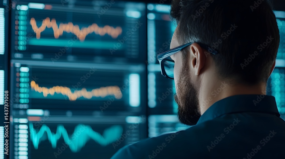 Poster futuristic data analytics and financial investment insights on digital display