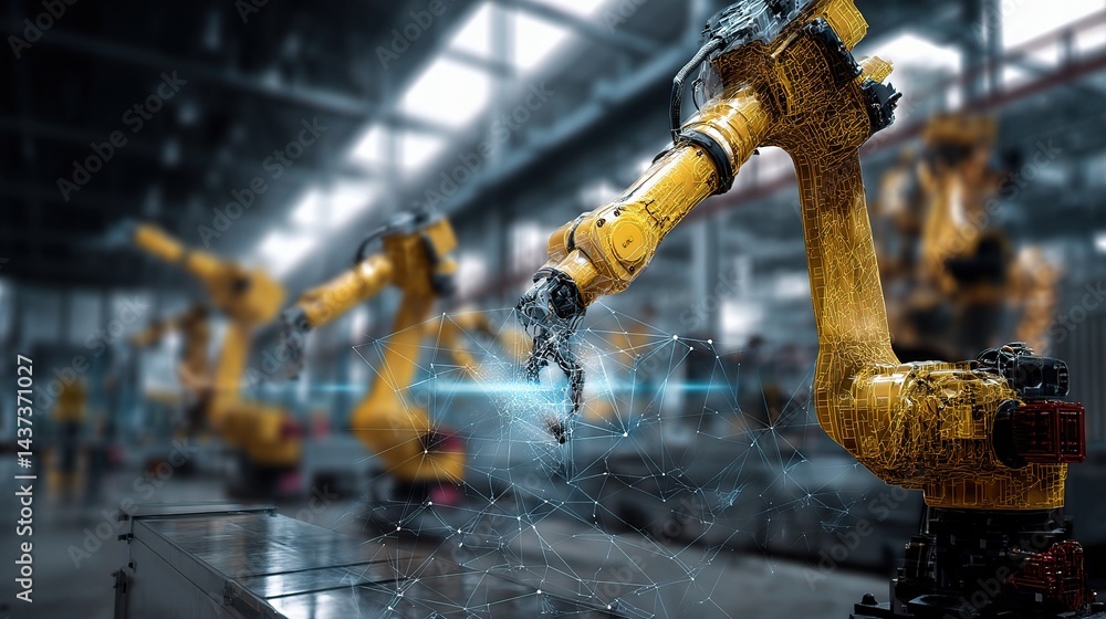 Poster advanced robotic arms operating in modern factory with ai integration