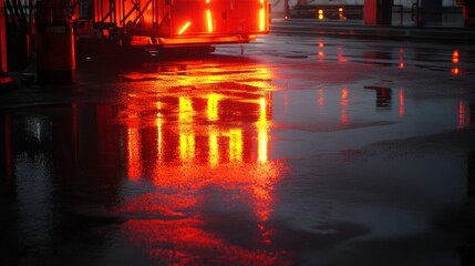 Reflection of Red Lights on Wet Asphalt After Rainy Evening