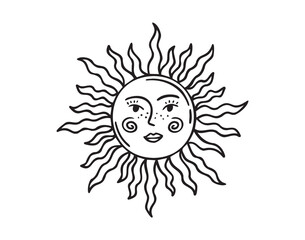 Sun face doodle element. Mystical cartoon whimsical boho style sun, sunshine space cosmic line icon.