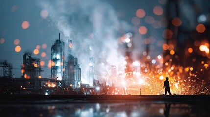 Industrial Site with Glowing Pipes and Sparks at Nighttime