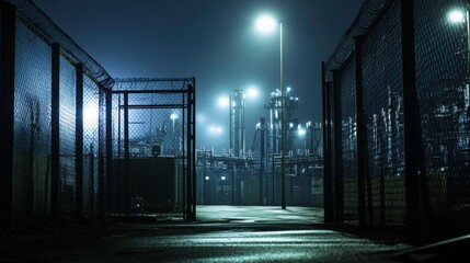 Industrial Facility at Night with Fencing and Foggy Atmosphere