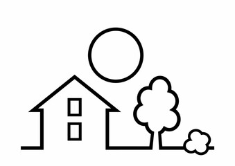 Country house, tree, shrub and sun, black line, outline icon, landscape, vector