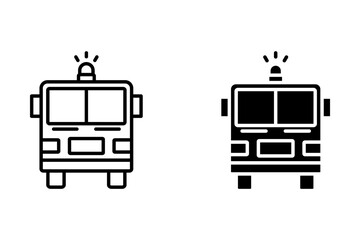 Fire emergency firetruck icon set. Black fire truck with ladder silhouette and line icon.	
