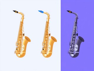 Three-toned saxophones depicted in profile view