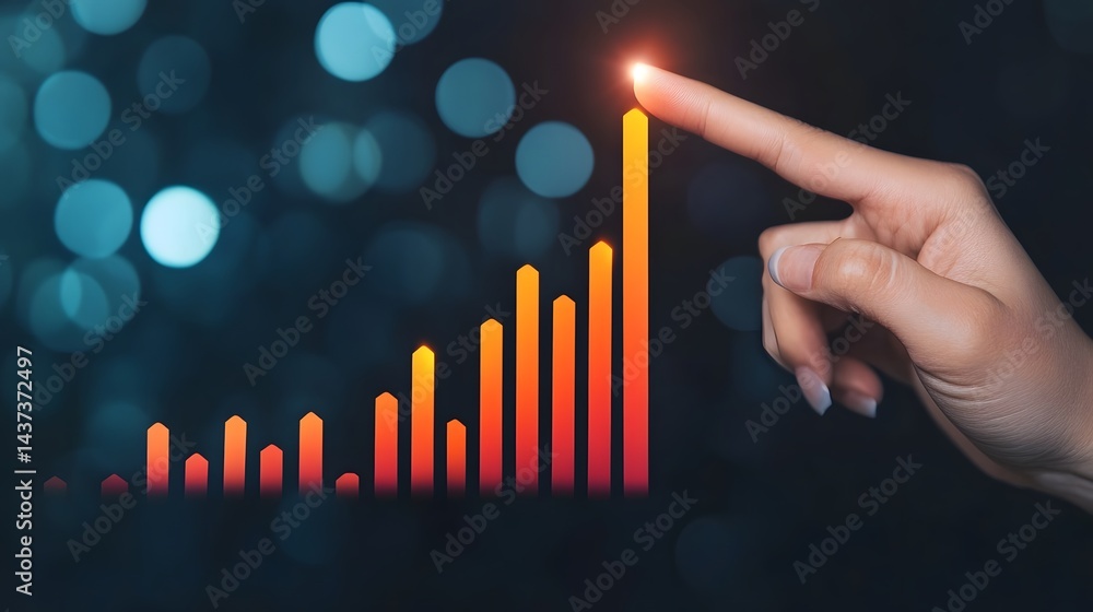 Poster hand pointing at rising bar graph visualizing business growth and success