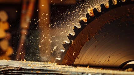circular power saw for cutting wood. circular saw blade on a wooden machine. Close-up view of a circular saw blade covered in sawdust on a wooden carpentry surface. Circular Saw Blade