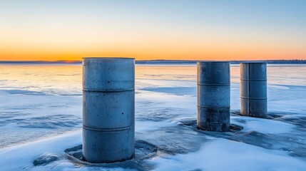 Frozen Landscape with Concrete Cylinders at Sunset Over Ice
