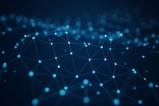 Abstract digital network in blue tones, with interconnected dots and lines, suggesting connections and a complex network. 
