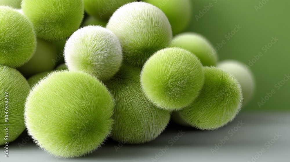 Poster bunch of green fuzzy balls are piled on top of each other. the balls are all different sizes and are