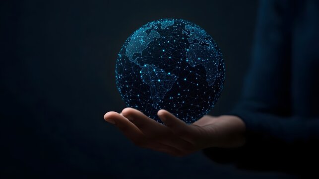 Hand Holding Futuristic Digital Globe Representing Connected World and Emerging Technologies