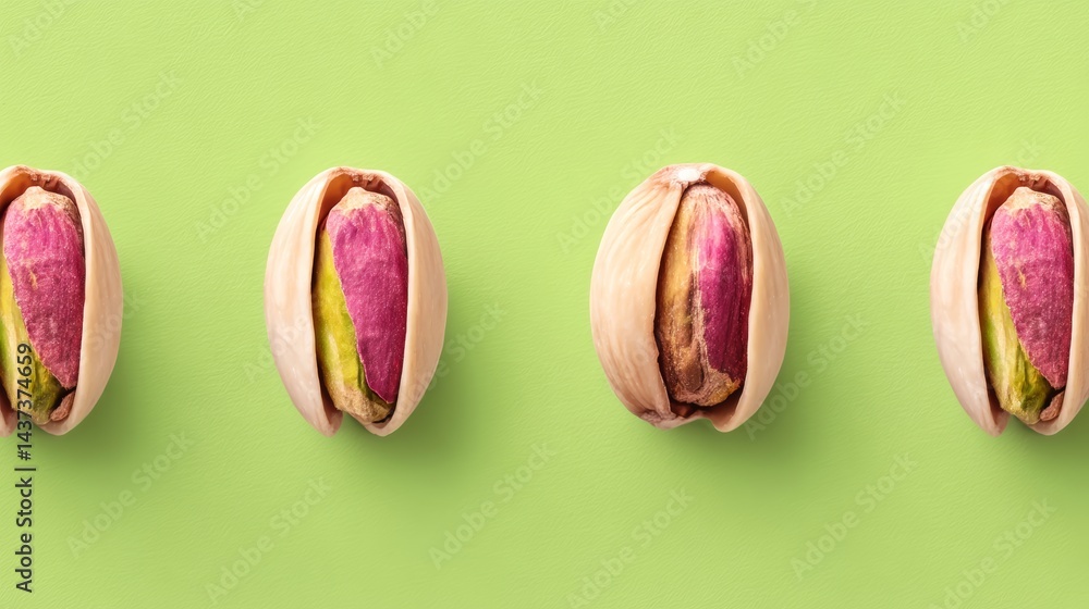 Aufkleber row of green and pink pistachio nuts. the nuts are arranged in a row and are all different sizes