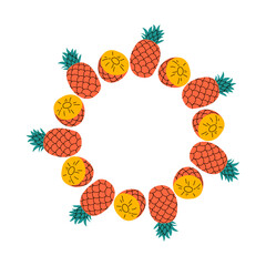 Farmers market design template, copy space. Cute hand drawn Fruits round frame in doodle style. Fruits icons Circular template. Hand drawn Fruits circle border. Vector illustration pineapple