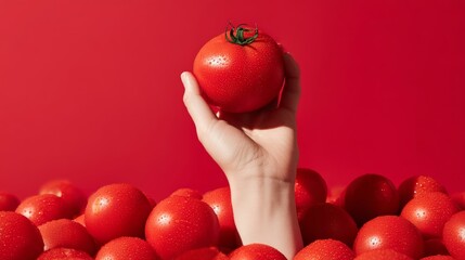 Hand holding a tomato in a pile of red tomatoes. Concept of abundance and abundance of fresh produce