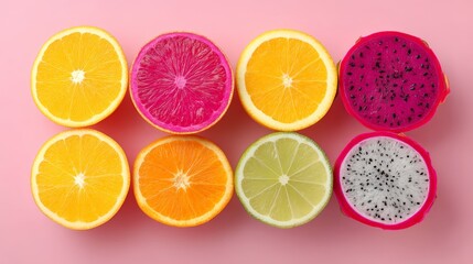 Obraz premium Row of fruit slices, including oranges, lemons, and limes, are arranged on a pink background