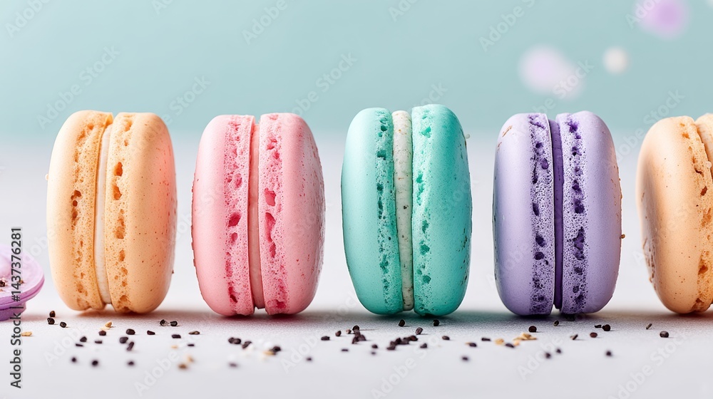 Poster row of colorful macarons with a sprinkle of black on the table. the macarons are arranged in a row, 