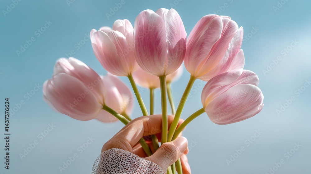 Poster hand holding a bouquet of pink tulips. the flowers are arranged in a way that they are all facing th
