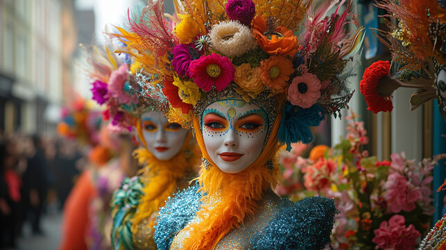 Colorful street parade at Luton International Carnival, England, 2025. Performers wearing extravagant, creative costumes with feathers, sequins, and vibrant designs.
