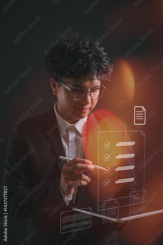 Poster businessman using pen tablet present virtual screen in concept of practices and policies , procedure