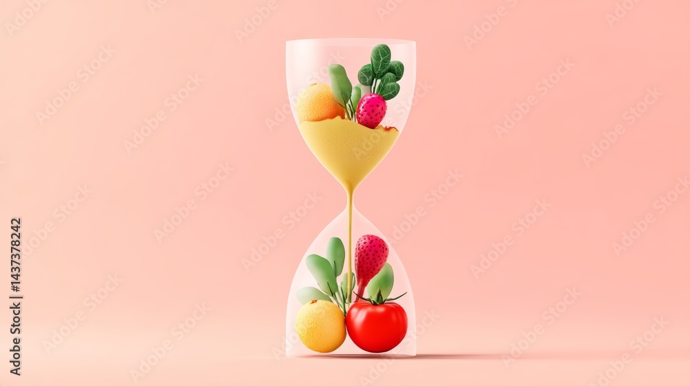 Poster glass container with a variety of fruits and vegetables inside. the container is shaped like a clock