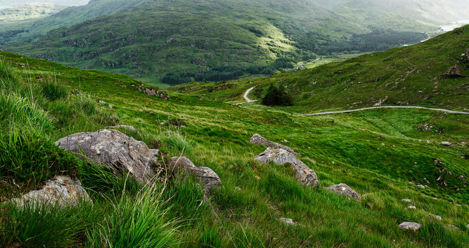 A scenic view of the verdant hills in Blackvalley, Ireland showcases rolling landscapes. The gentle sunlight highlights the lush greenery and rocky outcrops, creating a tranquil atmosphere.