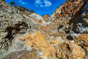 Colorful volcanic rocks and cliffs Sousaki Volcano Greece