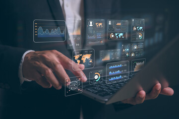 Analyst working with Business Analytics and Data Management System on computer to make report with KPI metrics connected to database devops. Corporate strategy for finance operations sales marketing